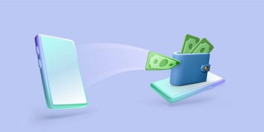 3D cep telefonu, uçan kağıt para ve dijital cüzdan. Çevrimiçi ödeme ya da işlem konsepti. Kablosuz mali yönetim uygulaması. Vektör illüstrasyonu