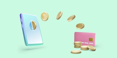 Kredi kartına altın sikke dijital transferli 3D cep telefonu. Çevrimiçi ödeme ya da işlem konsepti. Çizgi film gibi gerçekçi bir iş mobil uygulaması afişi. Vektör illüstrasyonu