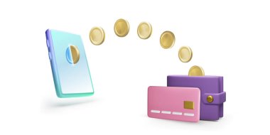 3D cep telefonu, içinde kredi kartı olan altın paralar. Çevrimiçi ödeme ya da para işlem konsepti. Kablosuz mali yönetim ve bankacılık uygulaması. Vektör illüstrasyonu