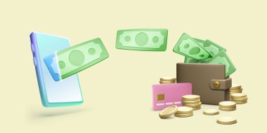 3D cep telefonu, uçan kağıt para cüzdanı, kredi kartı ve altın paraları var. Çevrimiçi ödeme ya da işlem konsepti. Kablosuz mali yönetim uygulaması. Vektör illüstrasyonu