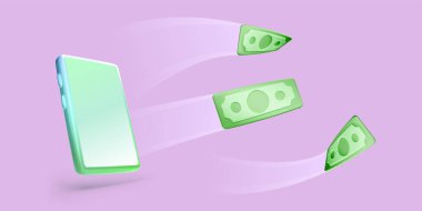 Mobile phone with flying paper currency in realistic cartoon style. Online financial management concept. Vector illustration