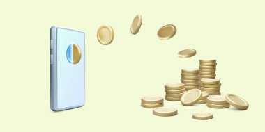 3D cep telefonu ve altın sikke para dijital transferi. Çevrimiçi ödeme ya da işlem konsepti. Çizgi film gibi gerçekçi bir iş mobil uygulaması afişi. Vektör illüstrasyonu