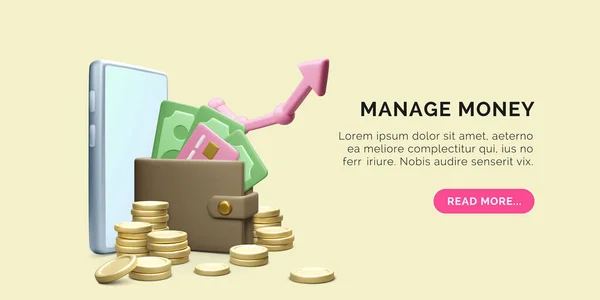 Money Management Banner Realistic Mobile Phone Wallet Paper Currency Gold — стоковый вектор