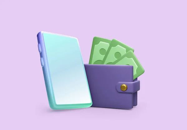 3D带纸币的手机钱包 在线支付或交易的概念 全球无线财务管理应用程序 矢量说明 — 图库矢量图片
