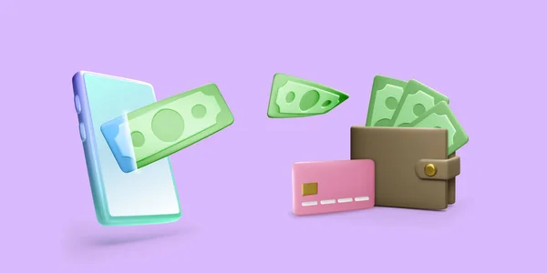 Mobile Phone Flying Paper Currency Wallet Credit Card Online Payment — Vetor de Stock
