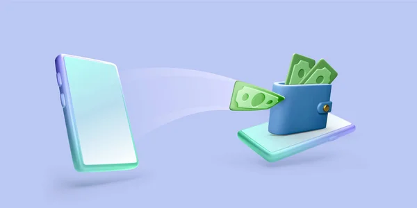 3D手机 配有飞行纸钞和数字钱包 在线支付或交易的概念 无线财务管理应用程序 矢量说明 — 图库矢量图片