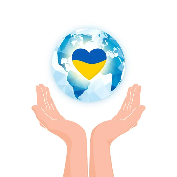 Couple Hands Planet Heart Shape National Ukraine Colors Symbol Mercy — Stock Vector