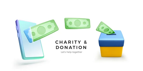 用乌克兰国旗把绿色纸钱从手机上掉到捐赠箱颜色上 为乌克兰战争受害者筹集资金 移动应用程序或在线捐赠服务 — 图库矢量图片