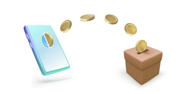 Caída Monedas Oro Desde Teléfono Móvil Caja Donación Aislada Sobre — Vector de stock