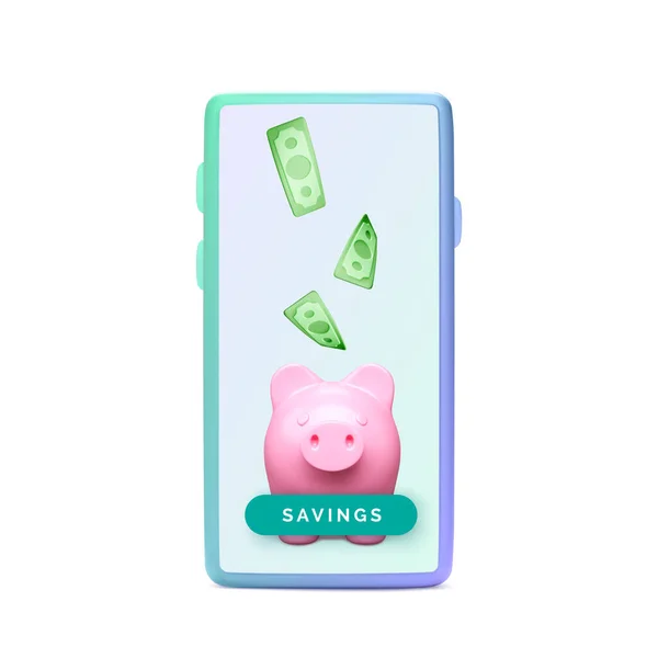 3D现实小猪银行与手机 存钱业务模板 Piggy银行的概念存款和投资的金融应用或服务 矢量说明 — 图库矢量图片
