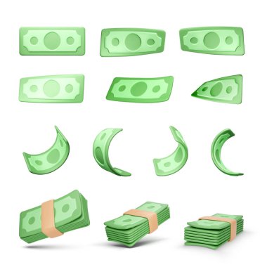 Realistic money set. Collection of 3D green dollars isolated on white background. Twisted paper bills and stack of currency banknotes. Business and finance object for banner design. Vector