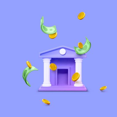 3d bank building and falling coins and paper currency. 3d realistic bank icon isolated on purple. Money transaction or savings concept. Vector illustration
