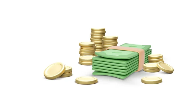 Stack Money Realistic Cartoon Style Green Dollar Bills Gold Coins — Vetor de Stock