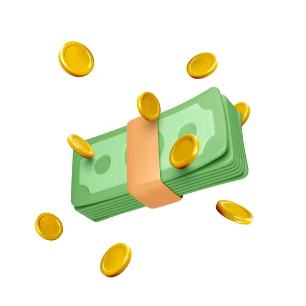 Money Pack Realistic Cartoon Style Wad Cash Falling Gold Coins — Vettoriale Stock