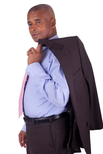 African American business man with coat over shoulders on white — Stock Photo, Image