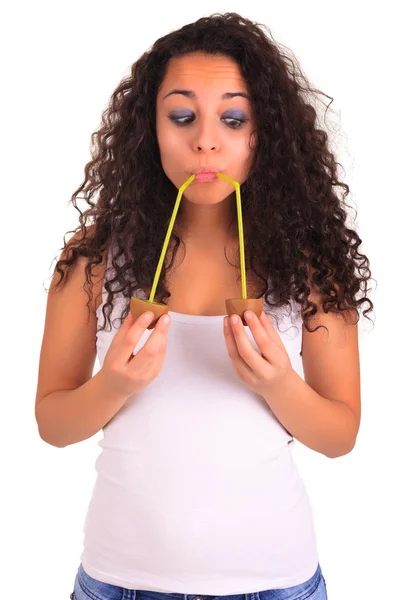 Young woman holding kiwi. Isolated over white. Isolated over whi — Stock Photo, Image