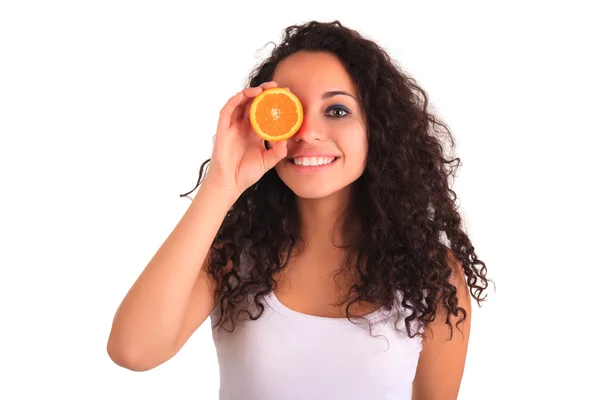 Young woman holding orange. Isolated over white. Isolated over w — Stock Photo, Image