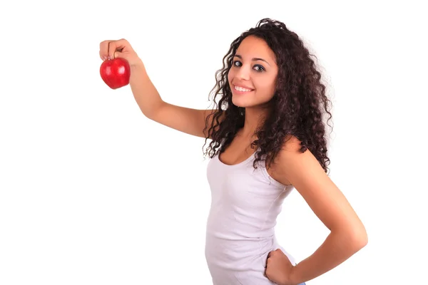 Young woman holding apple. Isolated over white — Stock Photo, Image