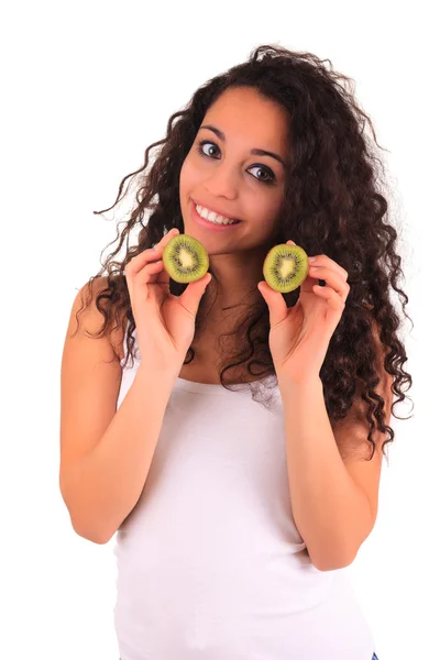 Young woman holding kiwi. Isolated over white. Isolated over whi — Stock Photo, Image