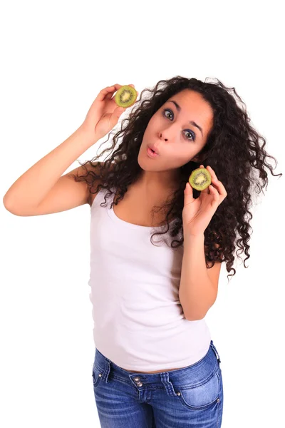 Young woman holding kiwi. Isolated over white. Isolated over whi — Stock Photo, Image