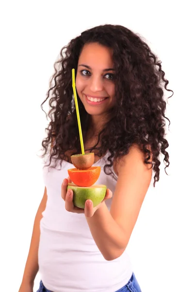 Young woman holding fruits. Isolated over white — Stock Photo, Image