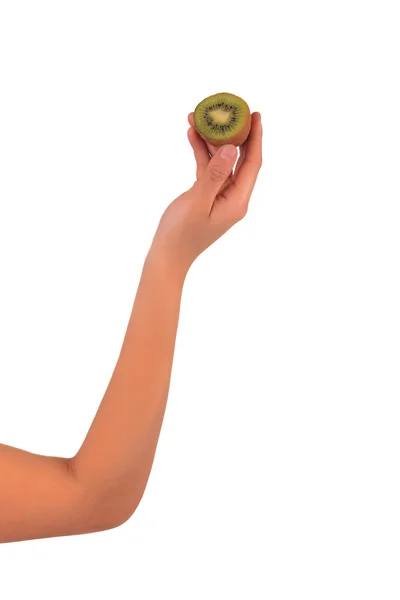 Woman's hands with kiwi isolated over white background — Stock Photo, Image