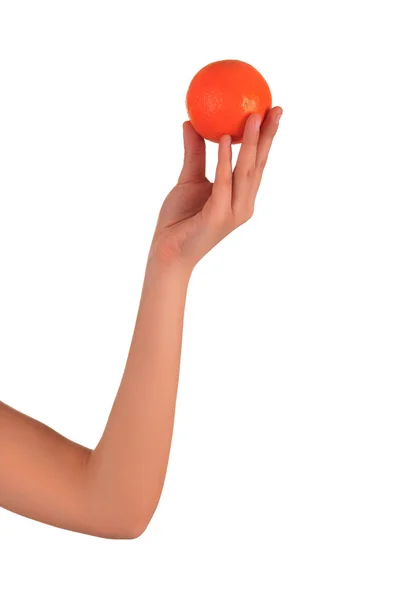 Woman's hands with orange isolated over white background — Stock Photo, Image