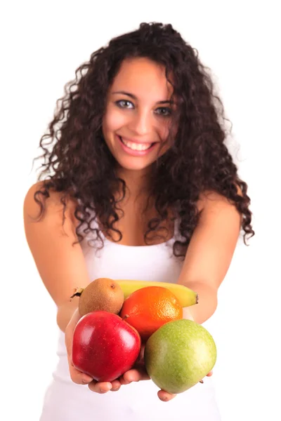 Young woman holding fruits. Isolated over white — Stock Photo, Image