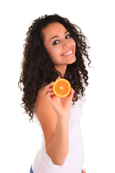 Young woman holding orange. Isolated over white. Isolated over w — Stock Photo, Image