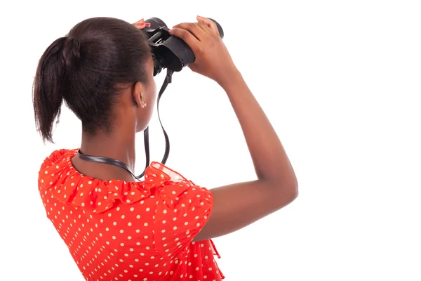 African American using binoculars isolated over white background — Stock Photo, Image