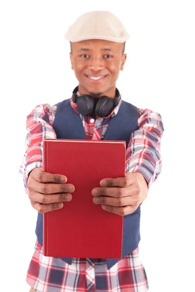 Fiatal afrikai amerikai hallgató, egy könyvet — Stock Fotó