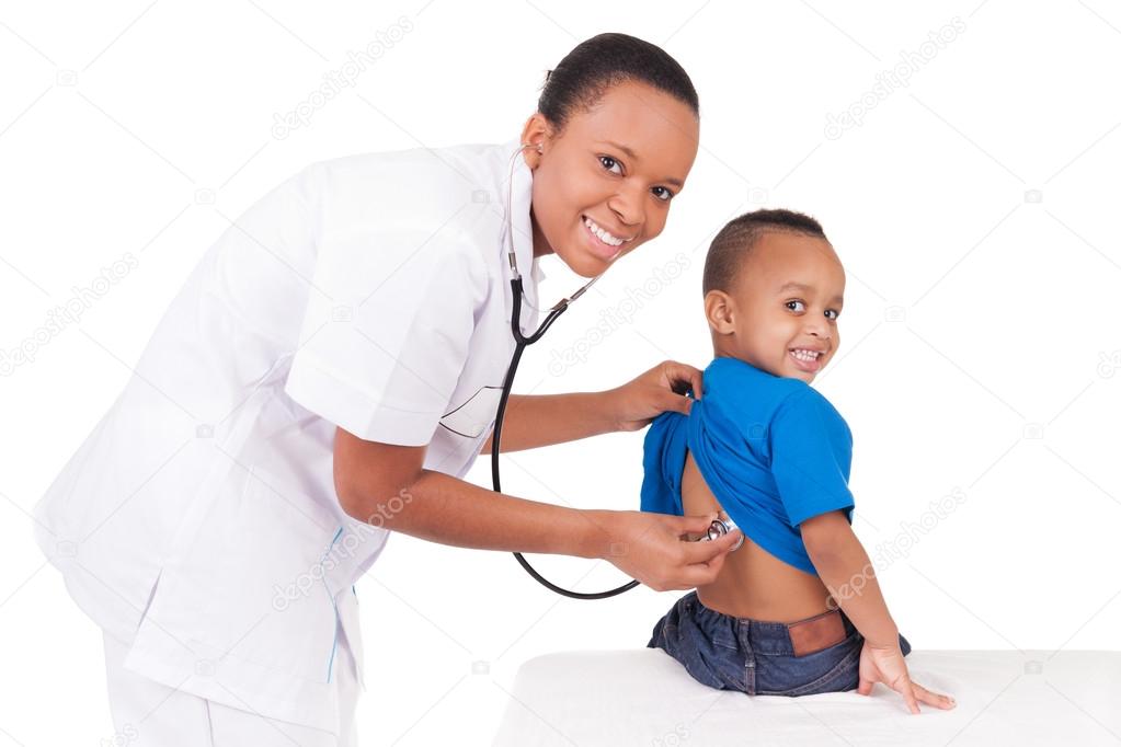 African american woman doctor with child