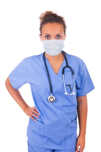 Young doctor with mask and stethoscope isolated on white backgro Royalty Free Stock Images