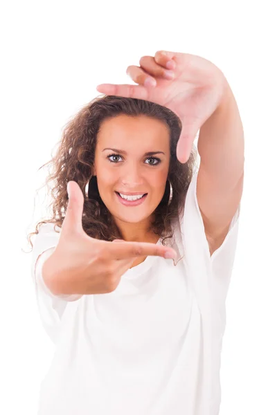 Beautiful woman making frame with her hands — Stock Photo, Image