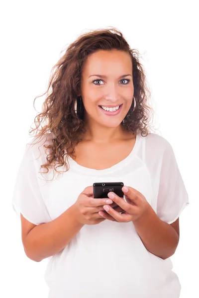 Mujer feliz mensajes de texto en su teléfono —  Fotos de Stock