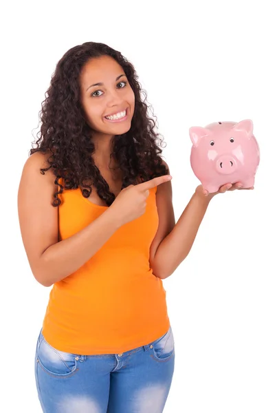 Young african american woman with piggy bank — Stock Photo, Image