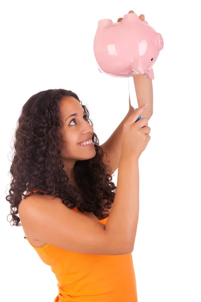 Young african american woman with piggy bank — Stock Photo, Image
