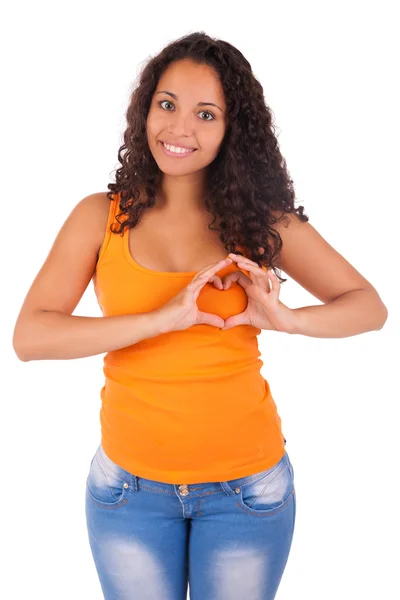 Young african american woman making a heart with hands — Stock Photo, Image