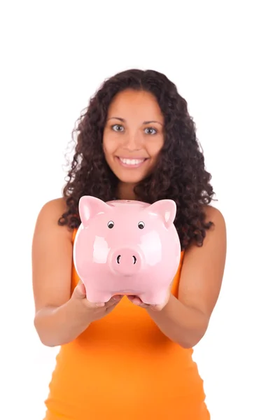 Young african american woman with piggy bank — Stock Photo, Image