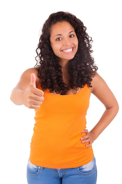 Portrét mladé ženy ukazuje palcem nahoru znamení — Stock fotografie