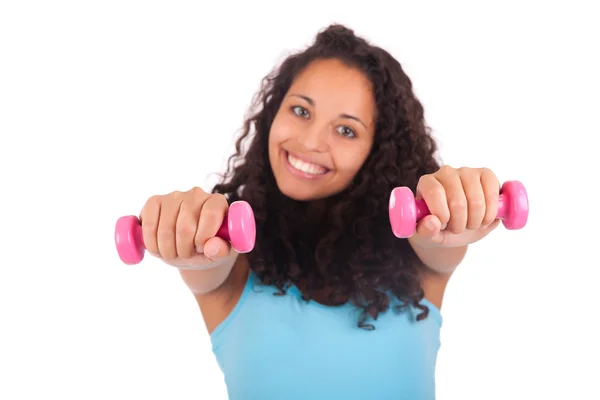 Closeup African American woman exercising white background — Stock Photo, Image