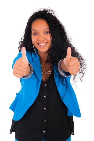 Thumbs up happy success for pretty young African American — стокове фото