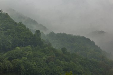 Slovenya, İdrija yakınlarındaki dağların puslu manzarası.