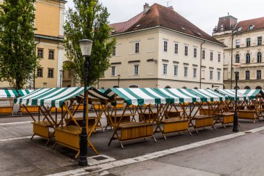 LJUBLJANA, SLOVENIA - 13 Mayıs 2019: Ljubljana, Slovenya 'daki Pogacarjev Trg pazarı
