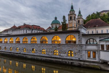 Slovenya 'nın Ljubljana kentindeki Ljubljanica nehrine yansıyan Plecnik çarşı binası