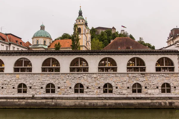 Slovenya Nın Ljubljana Kentinde Plecnik Çarşı Binası Ljubljanica Nehri — Stok fotoğraf