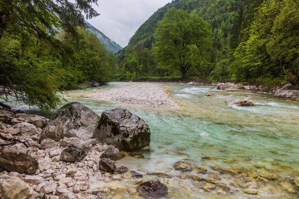 Řeka Soca Vesnice Bovec Slovinsko — Stock fotografie