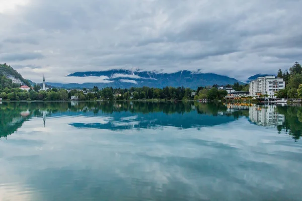 Vista Noturna Lago Bled Cidade Bled Eslovênia — Fotografia de Stock