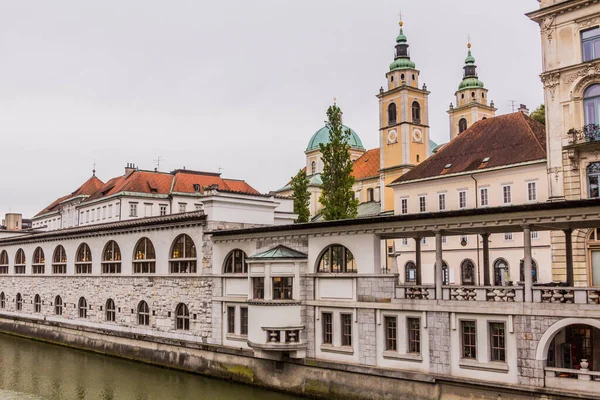 Budování Arkádového Trhu Plecniku Řeka Lubljanica Lublani Slovinsko — Stock fotografie