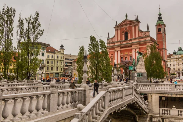 Ljubljana Slovinsko Května 2019 Trojitý Most Františkánská Církev Zvěstování Lublani — Stock fotografie